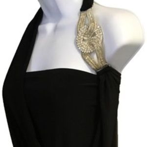 Cache Black Beaded Halter Mini Night Out Dress  S